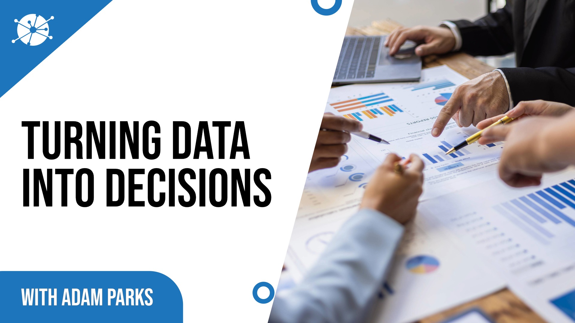 Adam Parks featured on a modern data and analytics-themed background with icons representing actionable intelligence, compliance, and operational strategy. The image highlights the concept of transforming data into strategic decisions across the receivables and collections industry.